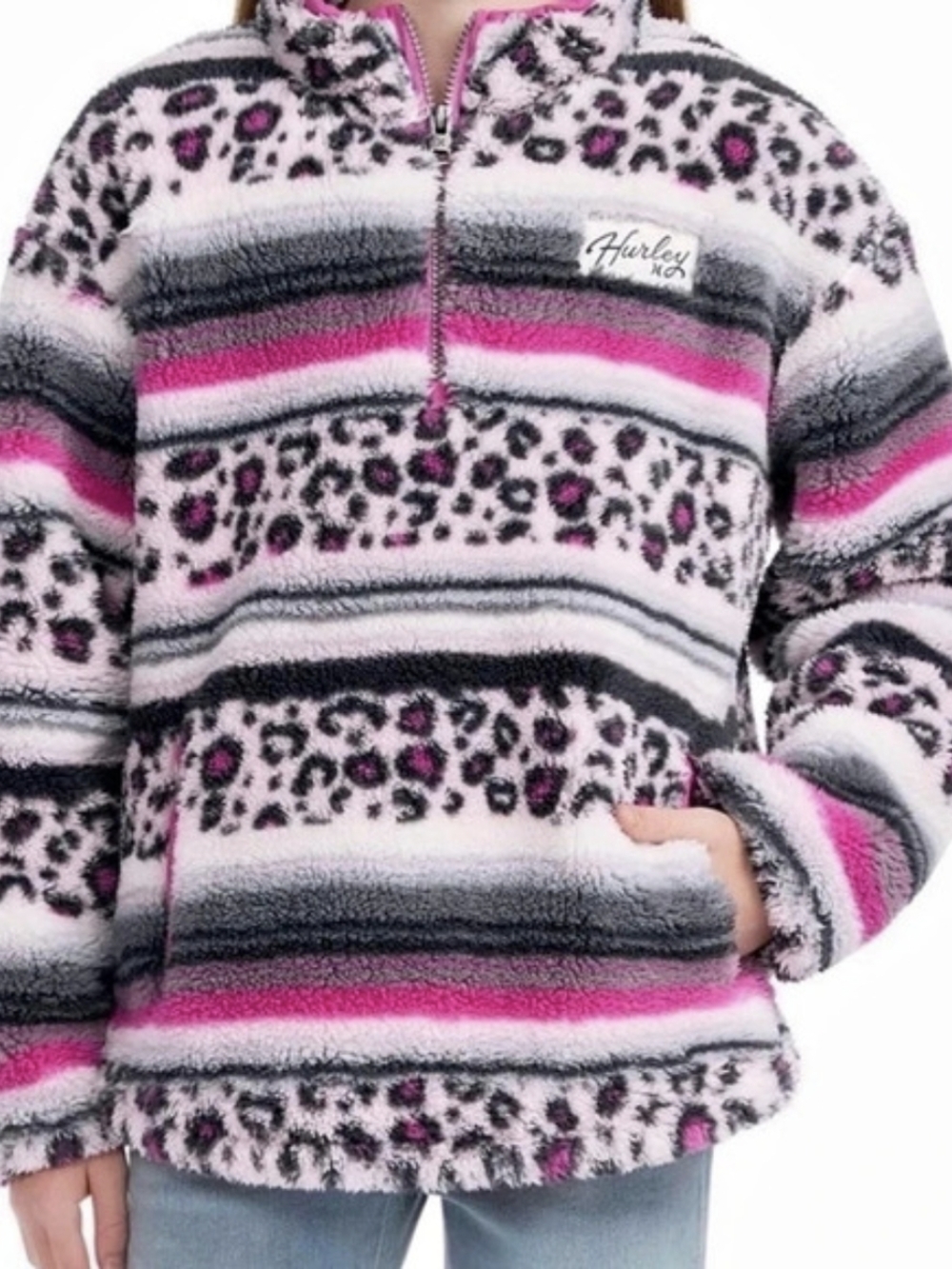 Hurley Girls Sherpa Quarter Zip Pullover L 10/12 Pink Leopard Stripe Fleece NWT